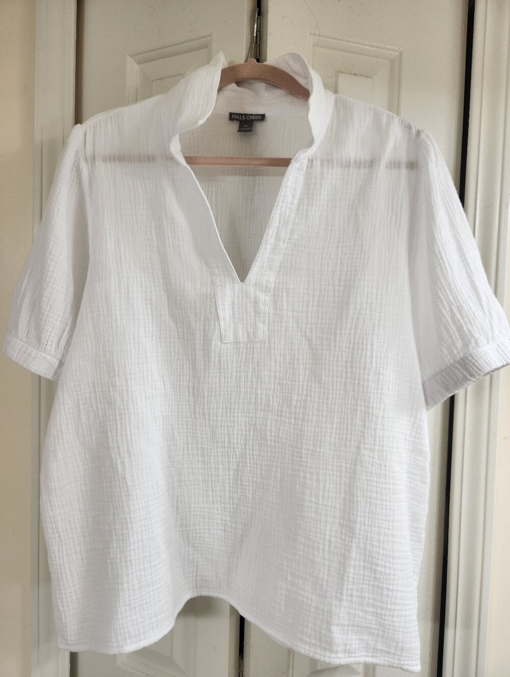 White Cotton Gauze/Linen Split V-Neck Casual Shirt